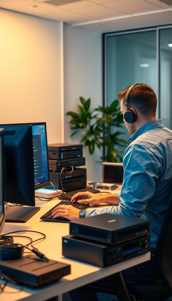 A professional and well-equipped IPTV installation setup, featuring a sleek and modern desk setup with a high-end computer, multiple monitors, and neatly organized cables. In the foreground, a technician is carefully configuring the IPTVANBIETERTV system, ensuring seamless integration and optimal performance. The lighting is warm and inviting, creating a productive and efficient atmosphere. The middle ground showcases various IPTV-related hardware components, such as modems, routers, and media players, all carefully arranged to convey a sense of expertise and attention to detail. The background features a clean and minimalist office environment, with subtle hints of technology and connectivity to reinforce the IPTV support theme.