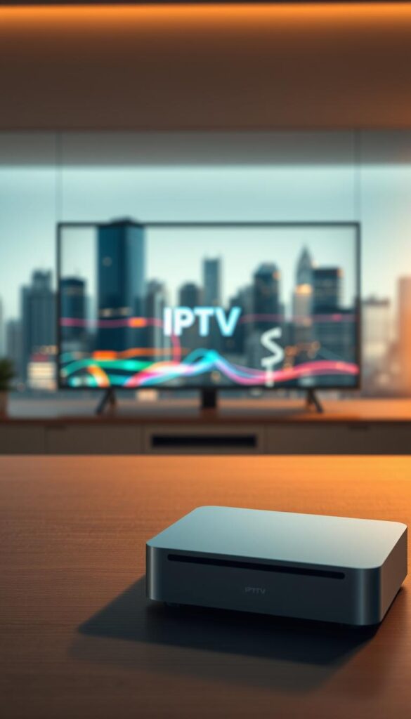 A professional, contemporary illustration of "IPTV Technologie". In the foreground, a sleek, futuristic IPTVANBIETERTV set-top box sits atop a minimalist wooden table, its clean lines and muted colors conveying a sense of modern technology. The middle ground features a stylized visualization of IPTV signal transmission, with colorful data streams flowing across the screen. In the background, a blurred cityscape with towering skyscrapers suggests the urban connectivity that IPTV technology enables. The overall scene is bathed in warm, ambient lighting, creating a sophisticated, high-tech atmosphere that aligns with the subject matter.
