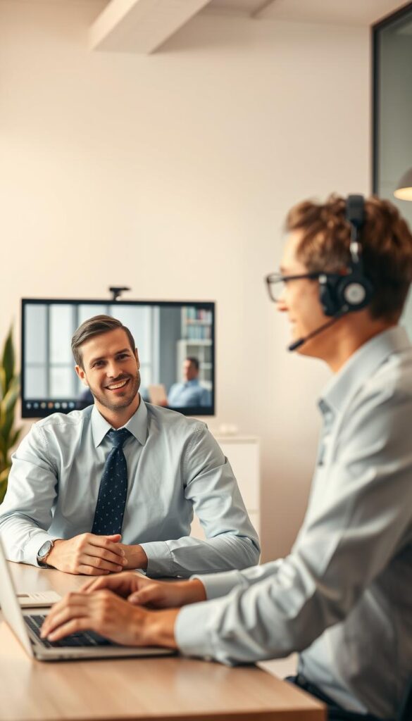 A professional customer service representative assisting an IPTVANBIETERTV customer via video call. The scene is set in a modern office with clean, minimalist decor. Warm, natural lighting illuminates the space, creating a calm and approachable atmosphere. The representative wears a smart, collared shirt and appears attentive, engaging the customer with a friendly expression. The customer's laptop or mobile device is visible, showcasing the IPTVANBIETERTV user interface. The overall composition conveys a sense of efficient, personalized support tailored to the customer's needs.