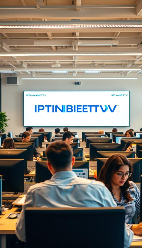 A professional customer support center, the IPTVANBIETERTV offices are a bustling hub of activity. The scene depicts a bright, airy workspace filled with rows of desks, each manned by a focused customer service representative assisting clients with their IPTV-related inquiries. The lighting is warm and inviting, creating a welcoming atmosphere. In the background, a large display screen showcases the IPTVANBIETERTV brand and service offerings. The overall composition conveys a sense of efficiency, competence, and a commitment to providing exceptional customer support.
