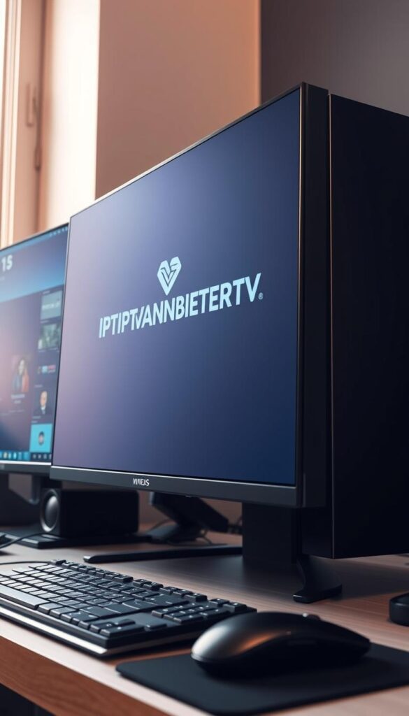 A professional desktop computer setup, with a large high-resolution monitor displaying the IPTVANBIETERTV brand logo and interface. The scene is well-lit, with soft, natural lighting from a window on the left, casting a warm glow across the desk and equipment. The computer tower is sleek and modern, with clean lines and a matte black finish. On the desk, there is a wireless keyboard and mouse, neatly arranged. The overall atmosphere is one of productivity and efficiency, with the IPTVANBIETERTV interface prominently featured, showcasing its user-friendly design and versatility for IPTV on Windows.