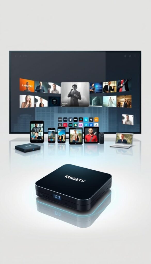 A professional, high-quality digital illustration showcasing the IPTVANBIETERTV brand and its IPTV service with MAG-box support. The image should depict a modern, sleek MAG-box device prominently featured in the foreground, surrounded by a minimalist, futuristic-looking interface displaying various IPTV channels and content. In the middle ground, include an array of digital devices like smartphones, tablets, and laptops, all connected to the IPTVANBIETERTV service. The background should feature a clean, minimalist cityscape with modern architectural elements, conveying a sense of technological advancement and innovation. The overall mood should be one of sophistication, reliability, and a premium IPTV experience.