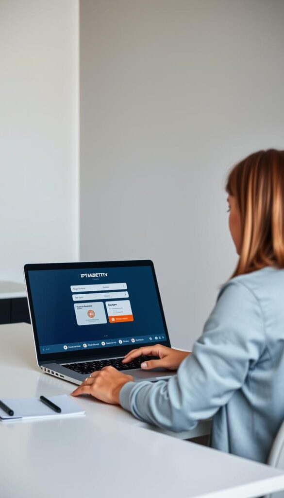 A professional, high-quality, photorealistic image of a simple, streamlined IPTV ordering process. The scene depicts a person sitting at a desk, using a laptop computer to navigate through the IPTVANBIETERTV website. The interface is clean and intuitive, with clear calls-to-action and user-friendly design. The background is a minimalist office setting, with neutral tones and natural lighting creating a calm, focused atmosphere. The overall composition and attention to detail convey an effortless, approachable user experience that would appeal to a non-technical audience.