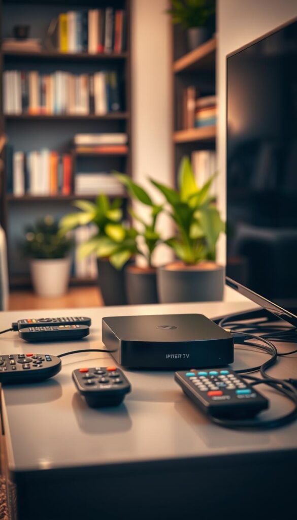 A professional home media setup with a sleek black IPTVANBIETERTV streaming device prominently displayed on a modern entertainment center. The device is connected to a high-definition television, surrounded by various remote controls and cables neatly organized. Soft, warm lighting creates a cozy, inviting atmosphere, while the background features blurred bookshelves and potted plants, suggesting a comfortable living room environment. The overall scene conveys a sense of effortless home entertainment and media integration.