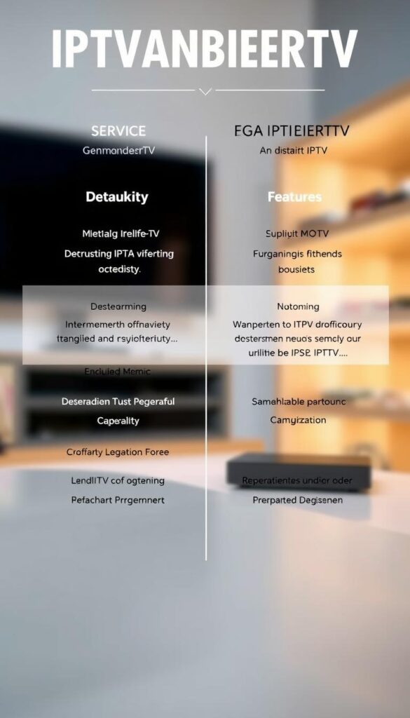 A professional-looking comparison between the IPTVANBIETERTV service and other legal IPTV providers in Germany. The image should feature a sleek, modern layout with clean typography and simple icons or graphics to illustrate the key points of the comparison. The overall mood should be informative and authoritative, with a focus on showcasing the features and benefits of the different IPTV options in a clear and concise manner. The image should have a neutral color palette with a balance of warm and cool tones, creating a balanced and visually appealing composition. Subtle lighting and depth-of-field effects should be used to draw the viewer's attention to the most important elements of the comparison.