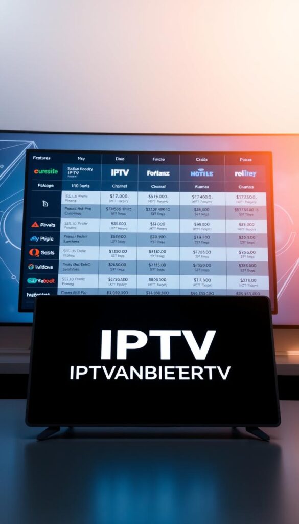 A professional-looking, high-quality illustration of an IPTV provider comparison, depicting a modern and sleek user interface showcasing various IPTV service options, packages, and pricing. The foreground should feature the IPTVANBIETERTV brand prominently displayed, with clean typography and an elegant, minimalist design. The middle ground should depict a grid or table-like layout highlighting key features, channels, and subscription plans of different IPTV providers. The background should convey a sense of technology and connectivity, with subtle graphic elements or patterns that complement the overall aesthetic. The lighting should be soft and even, creating a high-end, premium feel. The camera angle should be slightly elevated, giving the image a sense of authority and professionalism.