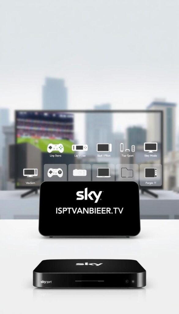 A professional-looking illustration of an IPTVANBIETERTV service plan with Sky Sport. The image depicts a modern, sleek device in the foreground, displaying the IPTVANBIETERTV logo and a clear, high-definition live sports feed. In the middle ground, various device icons and subscription package options are neatly arranged, conveying the ability to access the service across multiple devices. The background features a subtle, blurred cityscape, suggesting the accessibility and convenience of the IPTV service. The lighting is soft and natural, creating a premium, high-quality impression. The overall mood is one of sophistication, affordability, and the enjoyment of live sports content.