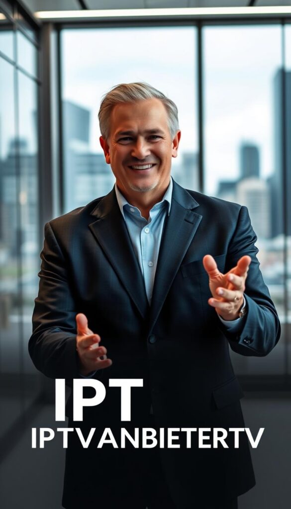 A professional-looking image of a confident, middle-aged man in a sharp suit, standing in front of a sleek, modern office setting. He has a friendly, approachable expression and is gesturing with his hands as if presenting or explaining something. The lighting is crisp and flattering, highlighting the subject's features. In the background, there is a blurred city skyline, conveying a sense of professionalism and expertise. The overall mood is one of authority and trustworthiness. The image should prominently feature the brand name "IPTVANBIETERTV" in a discreet yet legible manner.