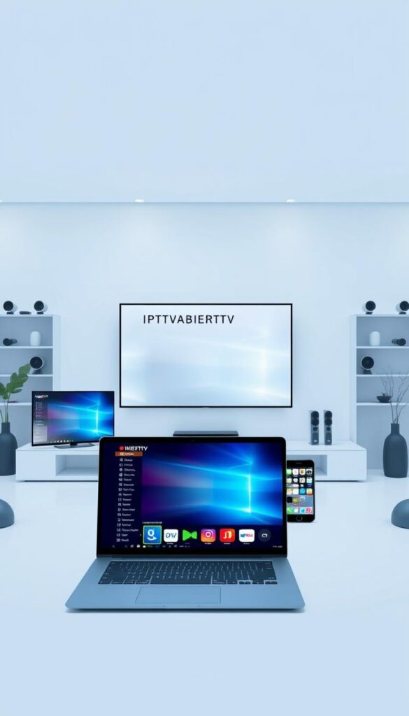 A professional, minimalist, and high-quality illustration of the IPTVANBIETERTV brand and service. Set in a modern, clean environment with a focus on sleek, high-tech devices and user interfaces. Emphasize the variety of devices supported, such as smart TVs, laptops, and mobile phones, and convey the affordability and convenience of the IPTV service. Use a cool color palette, subtle lighting, and crisp, detailed rendering to create a visually appealing and technically impressive image that reflects the subject matter.