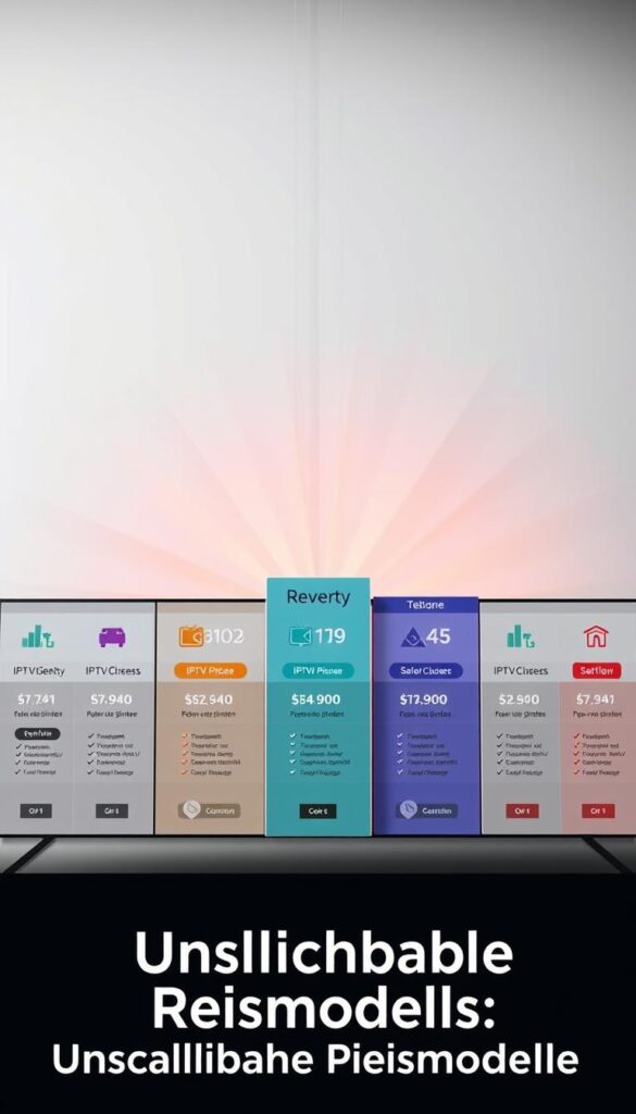 A professional, modern and sleek visual representation of the various IPTV pricing models showcased in a clean, minimalist layout. In the foreground, an array of different IPTVANBIETERTV subscription tiers are displayed, each with distinct icons, colors and pricing details to convey the range of options. The middle ground features a subtle grid or pattern to suggest the digital, networked nature of IPTV services. In the background, a soft, radiant gradient evokes a sense of high-tech sophistication. Carefully curated lighting and camera angles highlight the key information while maintaining an elegant, premium aesthetic suitable for the article's "Unschlagbare Preismodelle" section.