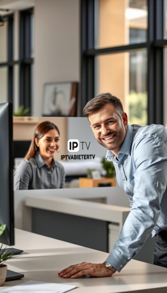 A professional office setting with a customer service representative assisting a customer via a video call on a computer screen. The office is well-lit with natural light filtering through large windows, creating a warm and inviting atmosphere. The customer service agent, dressed in a crisp, button-down shirt, is leaning forward with a friendly expression, ready to address the customer's IPTV-related queries. The IPTVANBIETERTV logo is subtly visible on the computer screen. The background features modern office decor, such as potted plants and abstract artwork, conveying a sense of professionalism and attention to detail.