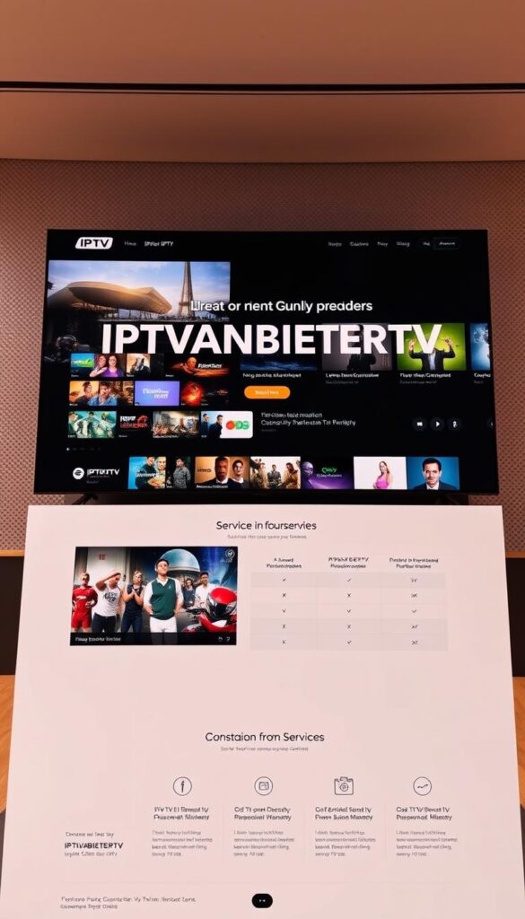 A professional, sleek website for IPTVANBIETERTV, the leading IPTV provider in Germany. The layout features a minimalist design with a focus on high-quality imagery. In the foreground, a large, captivating hero image showcases the diverse content available, from live TV channels to on-demand movies. The middle ground features neatly organized service information and comparison tables, highlighting IPTVANBIETERTV's competitive advantages. In the background, a subtle pattern or gradient creates a sense of depth and sophistication. The lighting is soft and warm, conveying a premium, trustworthy atmosphere. The camera angle is slightly elevated, giving the viewer a sense of authority and reliability associated with the IPTVANBIETERTV brand.
