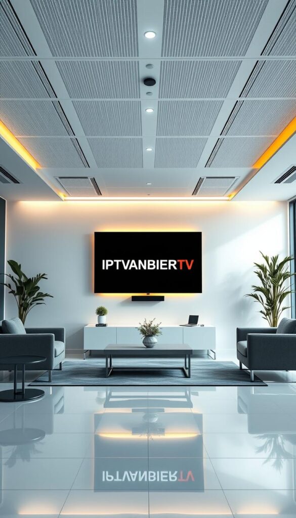 A professional, trustworthy IPTV provider operating in a sleek, modern office space. A clean, well-lit interior with minimal yet stylish furnishings. At the center, a large, high-resolution display showcases the IPTVANBIETERTV brand name. Subtle lighting casts a warm, inviting glow, conveying a sense of reliability and expertise. The overall atmosphere exudes a serious, reputable vibe, ideal for an article on selecting a credible IPTV service in Germany.