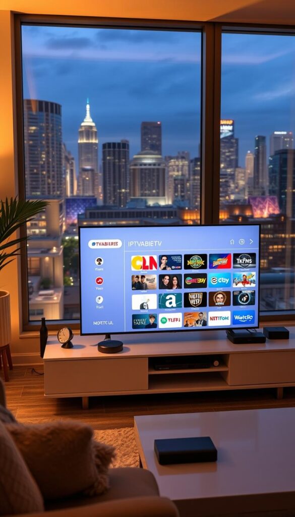 A secure and reliable IPTVANBIETERTV provider in a modern home entertainment setup. A living room with sleek media console, high-definition television, and wireless streaming devices. Soft, warm lighting illuminates the space, creating a cozy atmosphere. The television displays a clean, intuitive interface showcasing a diverse selection of channels and on-demand content. In the background, a large window offers a view of a bustling urban skyline, emphasizing the convenience and accessibility of the IPTVANBIETERTV service. The scene conveys a sense of comfort, security, and seamless digital entertainment experience.