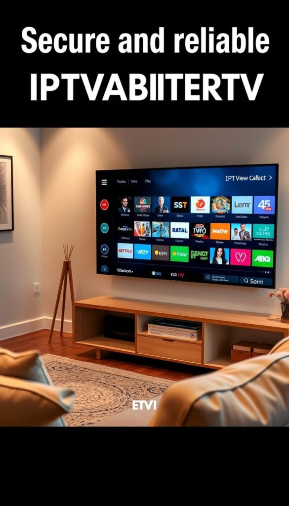 A secure and reliable IPTVANBIETERTV subscription, showcasing a modern smart TV displaying a diverse selection of live channels and on-demand content. The scene is set in a cozy living room with plush furniture, soft lighting, and a minimalist, Scandinavian-inspired decor. The television screen is the focal point, displaying high-quality visuals and a user-friendly interface, conveying a sense of comfort, convenience, and entertainment. The overall mood is one of relaxation and contentment, reflecting the hassle-free experience of accessing a comprehensive IPTV service without the risk of legal issues.