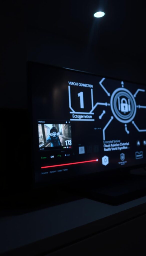 A secure, encrypted IPTV service provided by IPTVANBIETERTV, featuring a modern and minimalist user interface. The image depicts a sleek, dark-themed media player displaying a live TV channel, with a focus on the encrypted connection indicator and network security visualizations in the background. The lighting is dramatic, with a mix of soft, ambient illumination and strategic highlights, creating a sense of depth and technical sophistication. The camera angle is slightly elevated, giving the viewer a sense of authority and control over the system. The overall mood is one of reliability, privacy, and advanced technological capabilities.