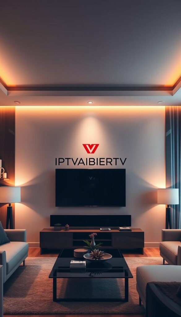 A serene and elegant living room with a large flatscreen TV mounted on the wall, showcasing the IPTVANBIETERTV brand logo in a sleek and modern style. The room is bathed in warm, soft lighting, with a cozy, inviting atmosphere. The TV is the focal point, surrounded by minimalist furniture and decor that complement the overall aesthetic. The image conveys a sense of relaxation and enjoyment, suggesting the optimization of IPTV streaming for a seamless viewing experience.