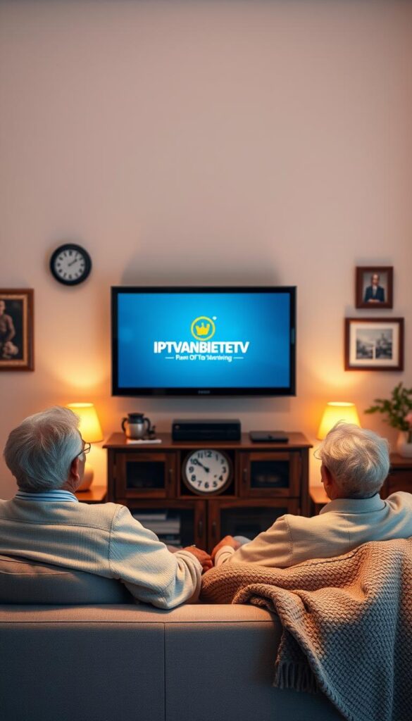 A serene and inviting living room, softly lit by warm lamps, with an elderly couple relaxing on a comfortable sofa. On the television, the IPTVANBIETERTV logo is displayed, showcasing its user-friendly interface and crisp, high-quality streaming. The room is adorned with subtle details that evoke a sense of nostalgia and familiarity, such as a classic clock, framed photographs, and a cozy throw blanket. The atmosphere is one of contentment and ease, reflecting the accessibility and reliability of the IPTV service for older devices. The overall scene conveys the idea of a seamless, enjoyable IPTV experience tailored to the needs and preferences of the elderly user.