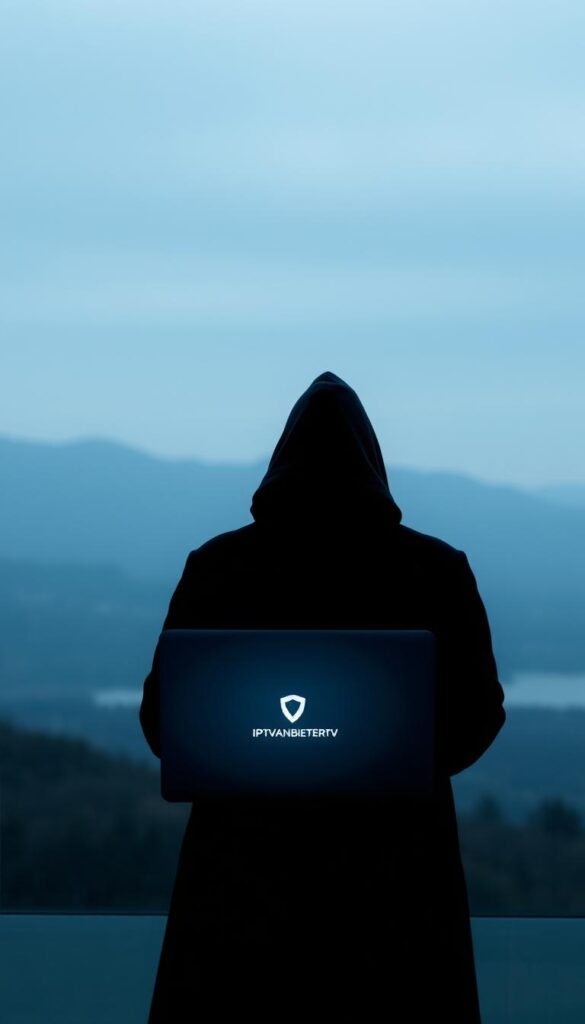 A serene and minimalist illustration of IPTV anonymity with VPN. In the foreground, a person in a hooded cloak stands before a glowing laptop, their face obscured by shadow. Muted tones of blue and gray create an atmosphere of discretion and security. In the middle ground, the IPTVANBIETERTV logo subtly appears, denoting the provider's role in enabling this secure connection. The background is a blurred, indistinct landscape, hinting at the global reach and borderless nature of the VPN service. Soft, diffused lighting casts a contemplative mood, emphasizing the importance of privacy and anonymity in the digital age.