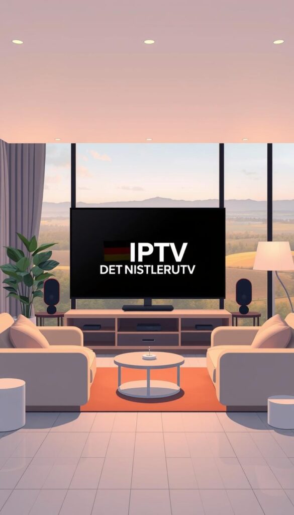 A serene and modern illustration of IPTV Deutschland, featuring a clean and minimalist design. The scene depicts a living room setting with a large flatscreen TV displaying the IPTVANBIETERTV brand name, surrounded by cozy furniture and warm lighting. The middle ground showcases a German flag, symbolizing the local support. In the background, a scenic landscape of the German countryside adds a sense of national pride. The overall atmosphere conveys a feeling of comfort, reliability, and high-quality German service for IPTV users.