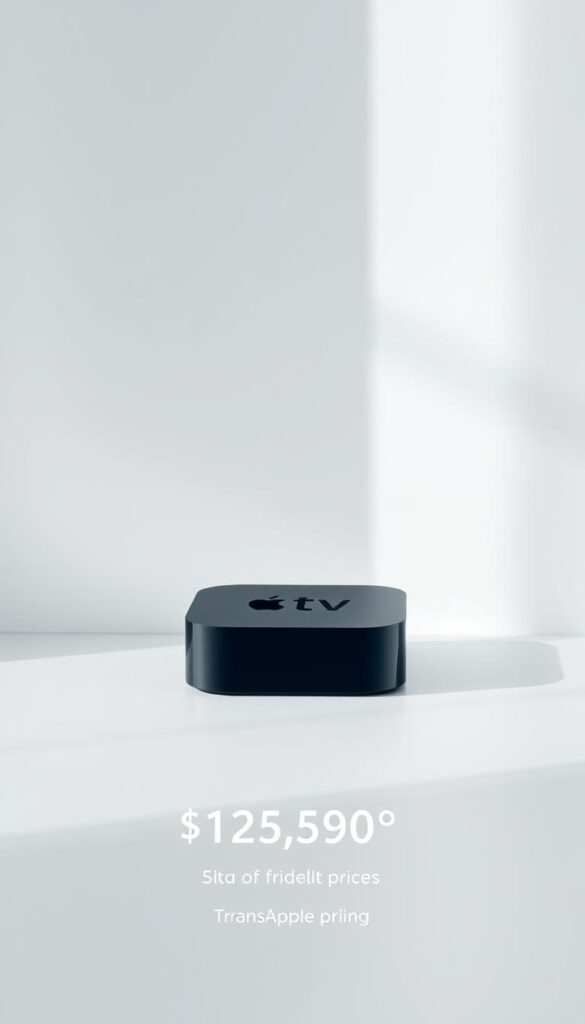 A serene and modern interior featuring a sleek, space-gray Apple TV set against a minimalist, white background. The device is prominently displayed, with attention drawn to its iconic design and the IPTVANBIETERTV logo subtly integrated. Soft, diffused lighting creates a warm, inviting atmosphere, highlighting the device's premium quality and the transparent pricing details presented in a clean, elegant manner. The overall composition conveys a sense of simplicity, sophistication, and a focus on the key details of the IPTV Apple TV subscription offering.