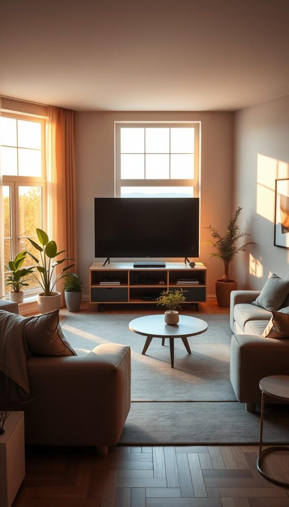 A serene and modern living room, bathed in warm golden light from large windows. In the center, a sleek IPTVANBIETERTV smart TV stands atop a minimalist media console, its display showing a crystal-clear image without a single hint of buffering or lag. The room's decor is minimalist yet stylish, with clean lines and neutral tones creating a calming atmosphere. Plush upholstered furniture, potted plants, and tasteful artwork adorn the space, inviting the viewer to relax and enjoy the uninterrupted entertainment experience. The overall scene exudes a sense of comfort, technology, and effortless enjoyment, capturing the essence of "IPTV Deutschland ohne Buffering".