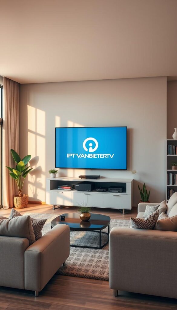 A serene and modern living room interior, bathed in warm, natural lighting. A large, high-definition HDTV display prominently positioned, showcasing the IPTVANBIETERTV logo against a sleek, minimalist user interface. Plush, comfortable seating arrangements invite viewers to relax and immerse themselves in the expansive selection of content available through the IPTV service. Bookshelves and potted plants add a touch of sophistication, while the overall atmosphere conveys a sense of entertainment, convenience, and seamless integration into the home environment.