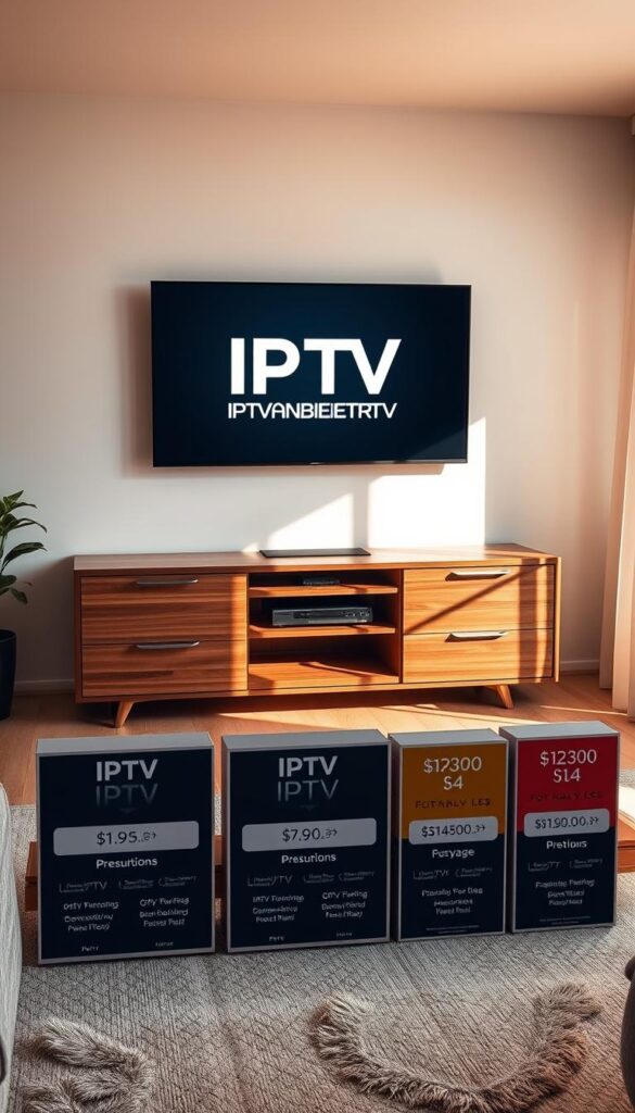 A serene and modern living room setting, bathed in warm natural light. On a sleek wooden entertainment center, the IPTVANBIETERTV logo prominently displayed, conveying a sense of high-quality IPTV service. Beneath it, a collection of various IPTV subscription options, each with clearly labeled pricing and package details. The room's atmosphere is one of comfort and sophistication, reflecting the premium nature of the IPTV offering. The overall composition strikes a balance between showcasing the products and creating an inviting, residential ambiance.