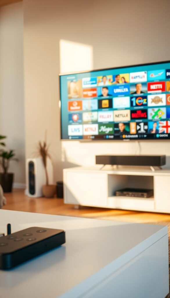 A serene and modern living room setting, with a large flatscreen TV mounted on the wall. On the TV screen, a vibrant and diverse selection of international channels and content is displayed, representing the vast entertainment options available through the IPTVANBIETERTV service. The room is bathed in warm, natural lighting, creating a cozy and inviting atmosphere. In the foreground, a sleek and minimalist media console holds various streaming devices, subtly hinting at the technological capabilities of the IPTV service. The overall scene conveys a sense of comfort, convenience, and global connectivity, catering to the needs of expatriates in Germany seeking a comprehensive and seamless entertainment experience.