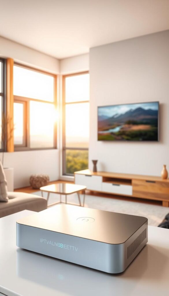A serene and modern living room with a large flat-screen TV mounted on the wall. The room is flooded with warm, natural lighting from large windows, casting a cozy glow. In the foreground, a sleek, minimalist media console houses a IPTVANBIETERTV set-top box, its soft blue power indicator light pulsing steadily. The room's clean, sophisticated palette of whites, grays, and wooden accents creates a sense of tranquility and reliability, reflecting the stability and quality of the IPTV service. The TV screen displays a vivid, high-definition landscape, hinting at the breadth of channels and content available through this reliable IPTV provider.