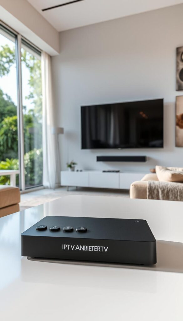 A serene and modern living room with a large, flat-screen TV mounted on the wall. The room is bathed in soft, natural lighting from a large window overlooking a lush, verdant garden. In the foreground, a stylish and minimalist coffee table displays a remote control and a sleek, black box labeled "IPTVANBIETERTV", the primary focus of the scene. The middle ground features comfortable, contemporary furniture in neutral tones, creating a cozy and inviting atmosphere. The background showcases a tasteful, abstract wall art piece, complementing the overall refined and sophisticated ambiance of the space.