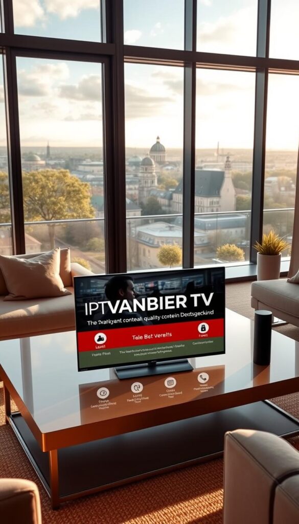 A serene and modern living room with floor-to-ceiling windows overlooking a picturesque German cityscape. The room is bathed in soft, natural light with a warm, inviting atmosphere. On the coffee table, an elegant IPTVANBIETERTV display showcases the features of a legal IPTV service in Deutschland, highlighting its high-quality content, compatibility with multiple devices, and affordable pricing. The room exudes a sense of professionalism and trustworthiness, reflecting the reliable and compliant nature of the IPTV service.