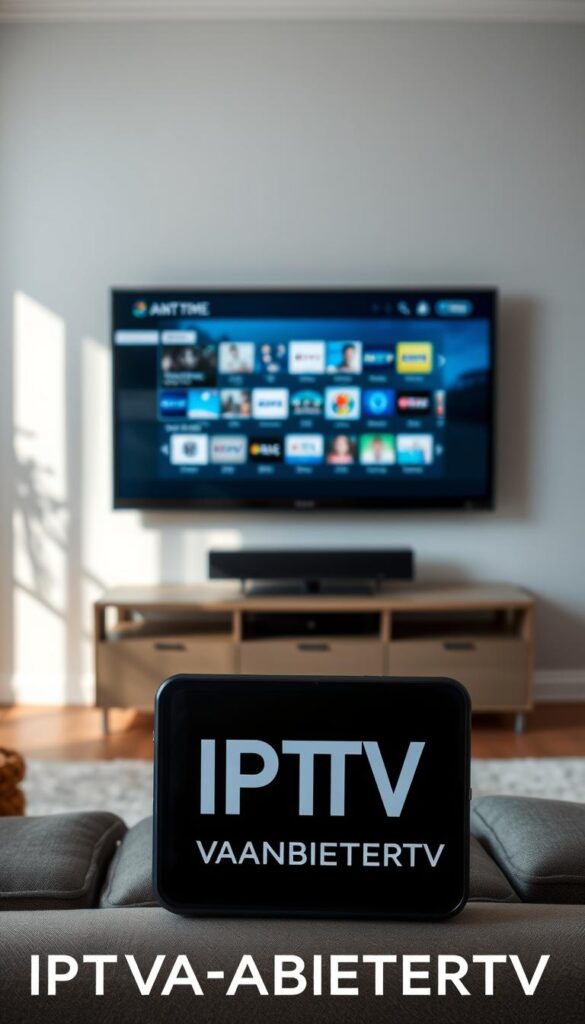 A serene and seamless IPTV experience, free from buffering interruptions. A living room setting with a modern TV set displaying crystal-clear, high-definition content. Subtle lighting accentuates the sleek, minimalist design of the TV and the surrounding decor. In the foreground, the IPTVANBIETERTV logo stands prominently, representing the reliable and high-quality IPTV service. The overall atmosphere conveys a sense of effortless entertainment and technological sophistication.