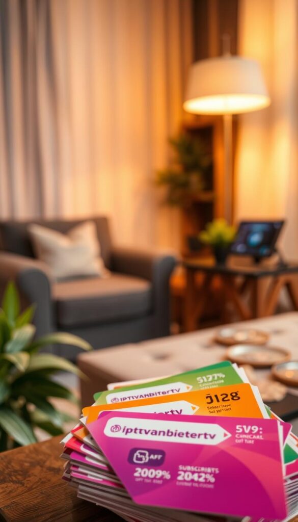 A serene and tranquil scene of long-term IPTVANBIETERTV subscriptions and discounted offers. In the foreground, a stack of colorful subscription cards with the IPTVANBIETERTV logo, showcasing various package options. The middle ground features a cozy living room setting, with a comfortable armchair and a side table displaying a tablet displaying subscription details. The background is bathed in warm, diffused lighting, creating a welcoming and inviting atmosphere. The overall composition conveys a sense of reliability, affordability, and the convenience of long-term IPTVANBIETERTV service.