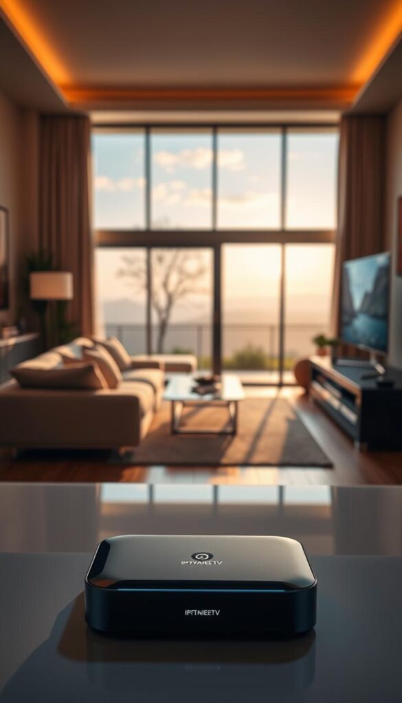 A serene, cinematic scene of a sleek, modern home entertainment setup. In the foreground, a state-of-the-art IPTVANBIETERTV streaming device sits atop a minimalist entertainment console, its clean lines and glossy finish reflecting the high-quality image it projects onto a large, high-definition display. In the middle ground, plush, comfortable seating arrangement invites the viewer to sit back and enjoy the crisp, vibrant visuals and immersive sound. The background features a warm, softly-lit living space with large windows overlooking a picturesque outdoor scene, creating a sense of tranquility and relaxation. Lighting is warm and diffused, creating a cozy, inviting atmosphere. The overall scene conveys a sense of effortless, high-end entertainment and uninterrupted, pristine streaming quality.