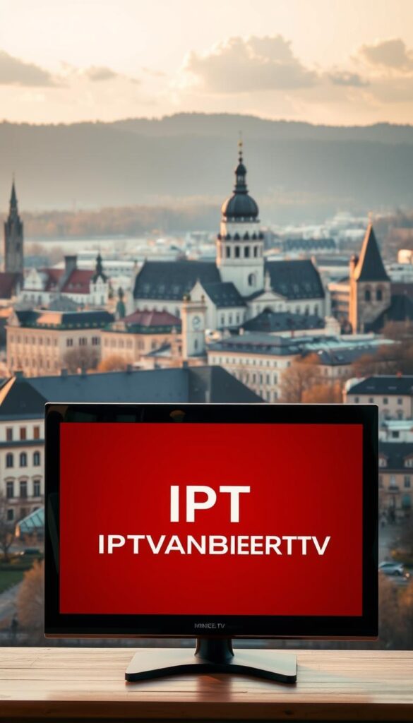 A serene cityscape of Munich, Germany, with the iconic Frauenkirche and other historic landmarks in the background. In the foreground, a modern, sleek television set displays the IPTVANBIETERTV brand logo, showcasing the latest IPTV technology available to local residents. The scene is bathed in warm, natural lighting, creating a welcoming and inviting atmosphere. The overall composition conveys the availability of reliable, high-quality IPTV services tailored specifically for the Munich market.