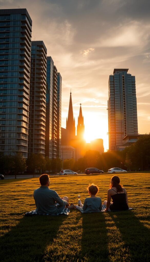 A serene cityscape of Nordrhein-Westfalen, Germany, bathed in golden hour light. In the foreground, a family relaxes on a lush green lawn, enjoying the comforts of their IPTVANBIETERTV IPTV subscription. The middle ground features modern high-rise buildings, their sleek facades reflecting the warm glow of the setting sun. In the background, the iconic silhouette of the Cologne Cathedral stands tall, a timeless landmark against a vibrant sky. The scene conveys a sense of contentment, highlighting the advantages of an IPTV subscription for residents of Nordrhein-Westfalen - uninterrupted entertainment, convenience, and the ability to enjoy the region's natural beauty.