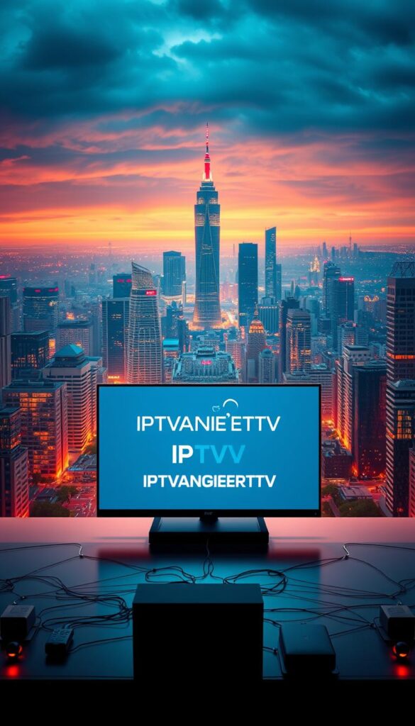 A serene, futuristic cityscape of a bustling German metropolis bathed in warm, diffused lighting. In the foreground, a sleek, modern television set stands prominently, its screen displaying the IPTVANBIETERTV brand logo. The middle ground showcases a network of interconnected devices, symbolizing the seamless integration of IPTV technology. In the background, towering skyscrapers and a vibrant skyline convey a sense of technological advancement and urban progress. The overall scene exudes a feeling of effortless, uninterrupted entertainment, reflecting the "IPTV Deutschland ohne Buffering" promise.
