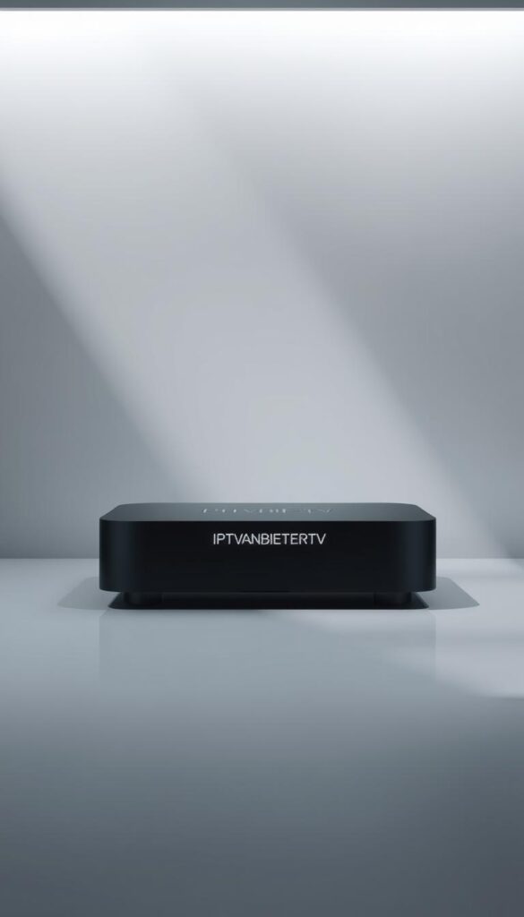 A serene, high-definition image of a modern IPTV streaming device showcased against a sleek, minimalist background. The device, labeled "IPTVANBIETERTV", is positioned centrally, its clean lines and matte finish reflecting the sophisticated technology within. Soft, directional lighting casts gentle shadows, emphasizing the product's refined aesthetic. The background features a muted, gradient color palette, allowing the device to take center stage. The overall composition conveys a sense of reliability, efficiency, and the seamless streaming experience an IPTV provider without buffering can offer.