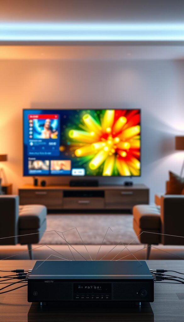 A serene, high-quality image showcasing the seamless streaming experience of IPTVANBIETERTV. In the foreground, a modern home entertainment setup features a sleek smart TV displaying vibrant, uninterrupted IPTV content. The middle ground depicts a network of interconnected devices, symbolizing the robust infrastructure that powers the IPTV service. The background highlights a serene, minimalist living room, bathed in warm, diffused lighting that creates a calming atmosphere. The overall scene conveys a sense of reliability, technological sophistication, and the uninterrupted enjoyment of IPTV streaming.
