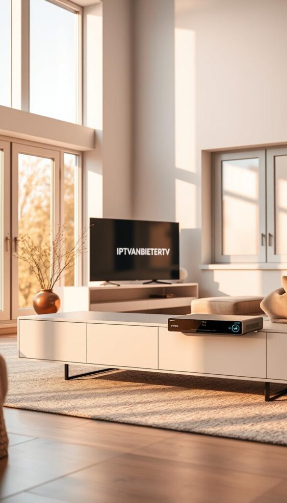 A serene, high-resolution image depicting a living room setup with a modern IPTV device prominently displayed on a sleek entertainment center. The device features the brand name "IPTVANBIETERTV" prominently displayed. The room is bathed in warm, natural lighting from large windows, creating a cozy and inviting atmosphere. The background showcases a minimalist, Scandinavian-inspired interior design with neutral tones and clean lines. The overall scene conveys the legal and hassle-free experience of enjoying IPTV content in Germany.
