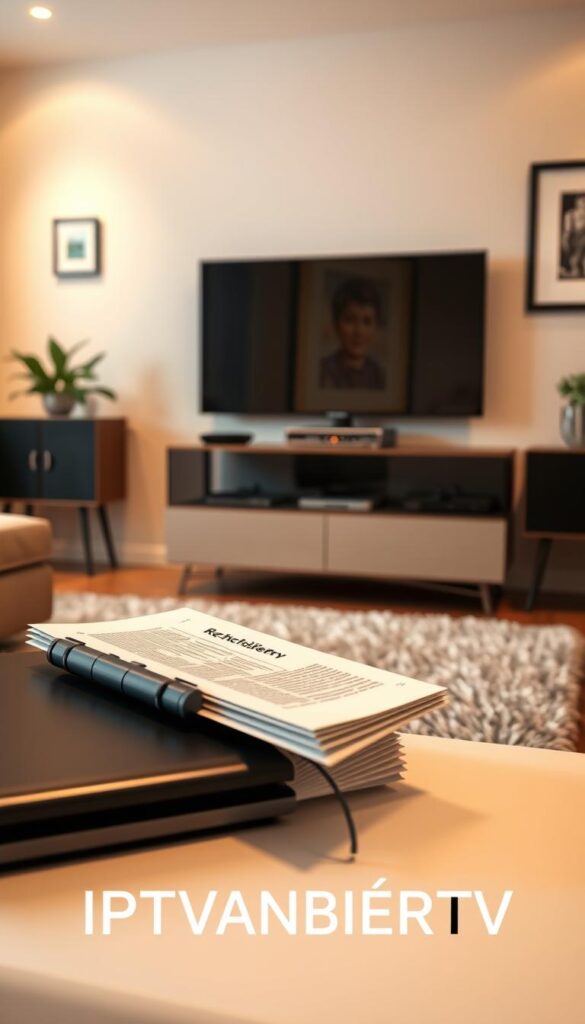 A serene, high-resolution image of a modern, well-appointed living room with a sleek IPTV device prominently displayed on a minimalist TV stand. The room is bathed in warm, diffused lighting, creating a cozy and inviting atmosphere. The walls feature neutral tones and modern artwork, while the floor is covered in a plush, neutral-colored rug. In the foreground, a neatly arranged stack of legal documents and a laptop symbolize the "Rechtliche Sicherheit" aspect of IPTV usage. The IPTVANBIETERTV logo is subtly integrated into the scene, conveying a sense of trust and professionalism.