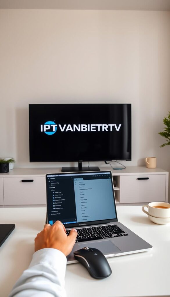 A serene home office setup, with a large Android TV screen displaying the IPTVANBIETERTV logo prominently. The screen is surrounded by a tidy desk, housing a laptop, a wireless mouse, and a cup of coffee. The lighting is soft and diffused, creating a calming atmosphere. In the foreground, a person's hands are using the laptop, navigating through troubleshooting menus to resolve the IPTV connection issues. The background showcases a minimalist, modern interior design, with clean lines and neutral tones. The overall scene conveys a sense of focused productivity and problem-solving, helping the viewer visualize the process of improving their IPTV experience.