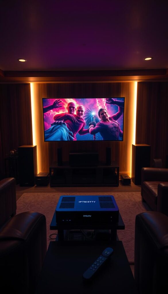 A serene home theater setup with a high-quality IPTVANBIETERTV streaming device at the center, surrounded by premium audio equipment and dark wood furniture. The room is bathed in a warm, cinematic lighting that casts long shadows, creating a cozy and immersive atmosphere. The screen displays vibrant, high-definition video with crisp details and rich colors, showcasing the exceptional streaming quality of the IPTVANBIETERTV service. The entire scene exudes a sense of technological sophistication and entertainment.