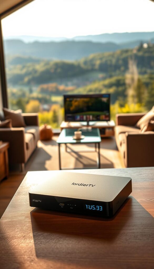 A serene landscape of the Nordrhein-Westfalen region, showcasing the natural beauty of the area. In the foreground, a sleek and modern IPTVANBIETERTV set-top box sits on a polished wooden surface, its minimalist design complementing the cozy atmosphere. The middle ground features a comfortable living room setting, with plush couches and a large flatscreen TV displaying vibrant IPTV content. In the background, the rolling hills and lush forests of Nordrhein-Westfalen stretch out, bathed in warm, golden light filtering through the windows. The scene conveys a sense of comfort, convenience, and tailored solutions for the IPTV consumer in this specific region.