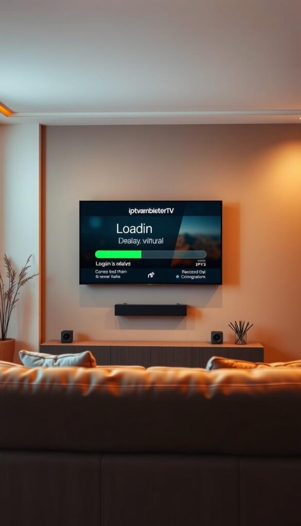 A serene living room scene with a large flat-screen TV mounted on the wall, displaying an IPTVANBIETERTV streaming interface without any loading delays or buffering. The room is bathed in warm, soft lighting, creating a cozy and inviting atmosphere. In the foreground, a comfortable sofa and a coffee table are positioned, suggesting a relaxed and enjoyable viewing experience. The middle ground features a minimal, modern decor, while the background depicts a warm, neutral-toned wall, adding to the overall sense of tranquility. The image conveys the reliable and hassle-free nature of IPTV streaming, free from the frustrations of internet connectivity issues.