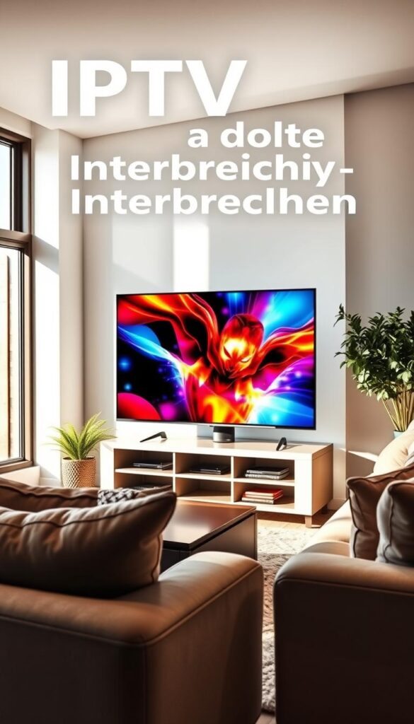 A serene living room scene with a modern television set displaying a vibrant, high-definition IPTV stream without any buffering or interruptions. The television is positioned centrally, surrounded by plush, comfortable furniture and natural lighting filtering in through large windows. The room has a cozy, inviting atmosphere, reflecting the seamless, uninterrupted IPTV experience provided by IPTVANBIETERTV. The image conveys a sense of uninterrupted entertainment and reliable streaming, perfectly capturing the promise of "IPTV ohne Unterbrechung" featured in the article section.
