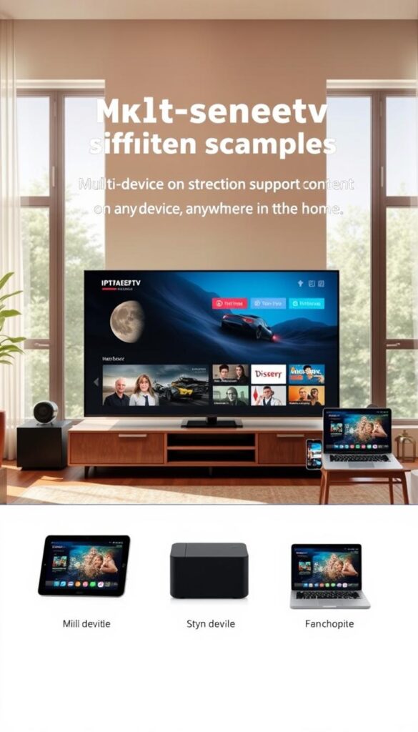 A serene living room scene with a variety of modern electronic devices seamlessly connected, showcasing the multi-device support capabilities of IPTVANBIETERTV. A large, sleek smart TV stands as the centerpiece, surrounded by a tablet, smartphone, and laptop, all effortlessly streaming content. Soft, warm lighting filters through large windows, creating a cozy, inviting atmosphere. The devices are arranged in a visually appealing, symmetrical layout, highlighting the harmony and integration of IPTVANBIETERTV's multi-device streaming solution. The scene conveys a sense of convenience, connectivity, and the ability to enjoy entertainment on any device, anywhere in the home.