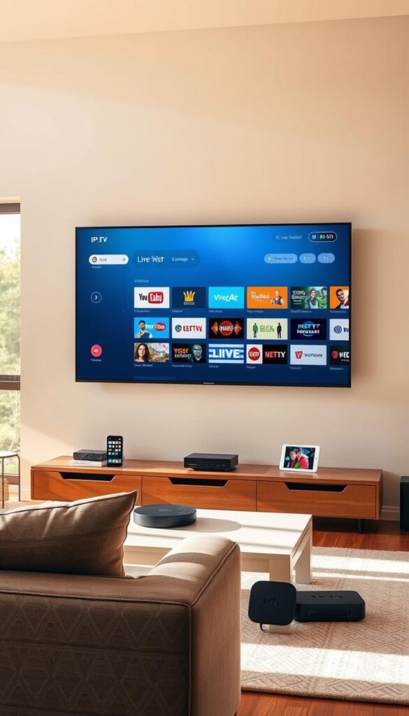 A serene living room setting with a large flat-screen TV mounted on the wall, showcasing a sleek and modern IPTVANBIETERTV interface with an Electronic Program Guide (EPG) displaying a variety of live TV channels. The room is bathed in warm, natural lighting from large windows, creating a cozy and inviting atmosphere. In the foreground, a comfortable couch and a coffee table are arranged, suggesting a relaxed environment for enjoying the IPTV experience. The overall composition emphasizes the multi-device capabilities of the IPTVANBIETERTV system, with various compatible devices such as smartphones, tablets, and streaming boxes visible in the scene.