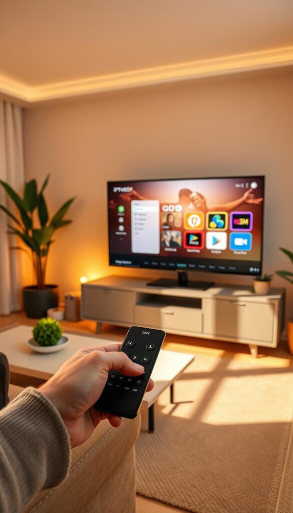A serene living room setup, with a modern smart TV displaying the IPTVANBIETERTV interface. The TV is placed on a sleek, minimalist media console, surrounded by potted plants and ambient lighting. The room is bathed in warm, natural light, creating a cozy and inviting atmosphere. In the foreground, a hand is shown interacting with the TV's remote control, demonstrating the simple installation and setup process. The overall scene conveys a sense of effortless technology integration into a comfortable, stylish home environment.